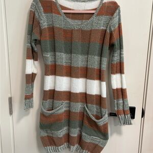 SHEIN Sage, Rust & White Striped Knit Scoop-Neck Sweater Dress
